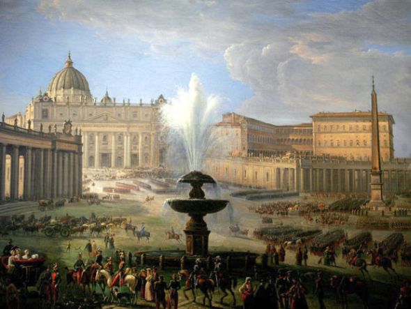 A painting by artist Michel Angelo Pacetti shows a parade of French troops on St. Peter' Square at the Vatican displayed during an exhibition of papal portraits from the Renaissance to Pope John Paul II in Rome in 2004. The Roman Catholic Church's real estate and art have not been properly evaluated, since the church would never sell them.