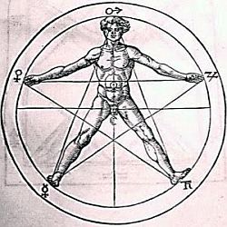 An upright pentagram symbolizing spirit over matter and the ascent of a human to heaven.
