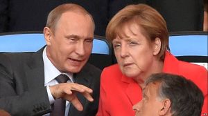 Putin and Merkel at World Cup Finals, Brasilia