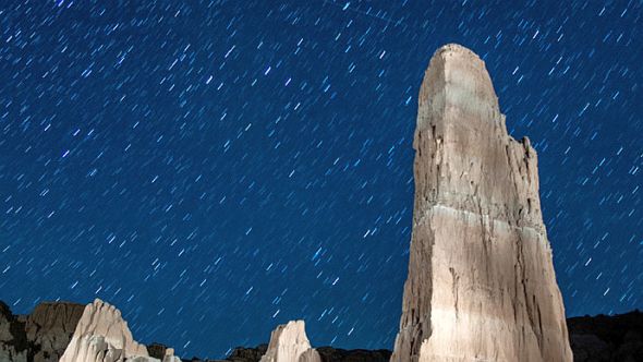 Perseid meteors streak across the sky on August 12, 2013 in Cathedral Gorge State Park, Nevada. (Ethan Miller/Getty Images/AFP)
