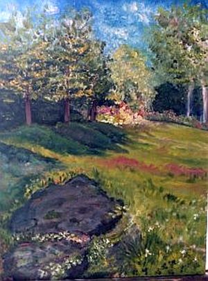 Image: Cottage Yard, oil painting by K Hunter. Front yard at my new residence in Vermont. The cats and I enjoy hanging out on this rock ledge.
