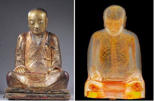 Featured image: Mummified buddhist master Liuquan. Statue (L), CT scan (R). (Photos: Drents Museum)